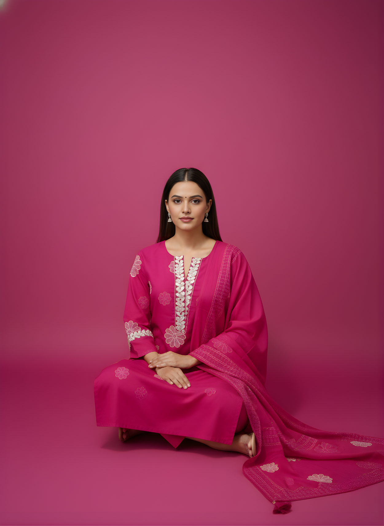 Woman in a pink traditional outfit sitting on a pink background