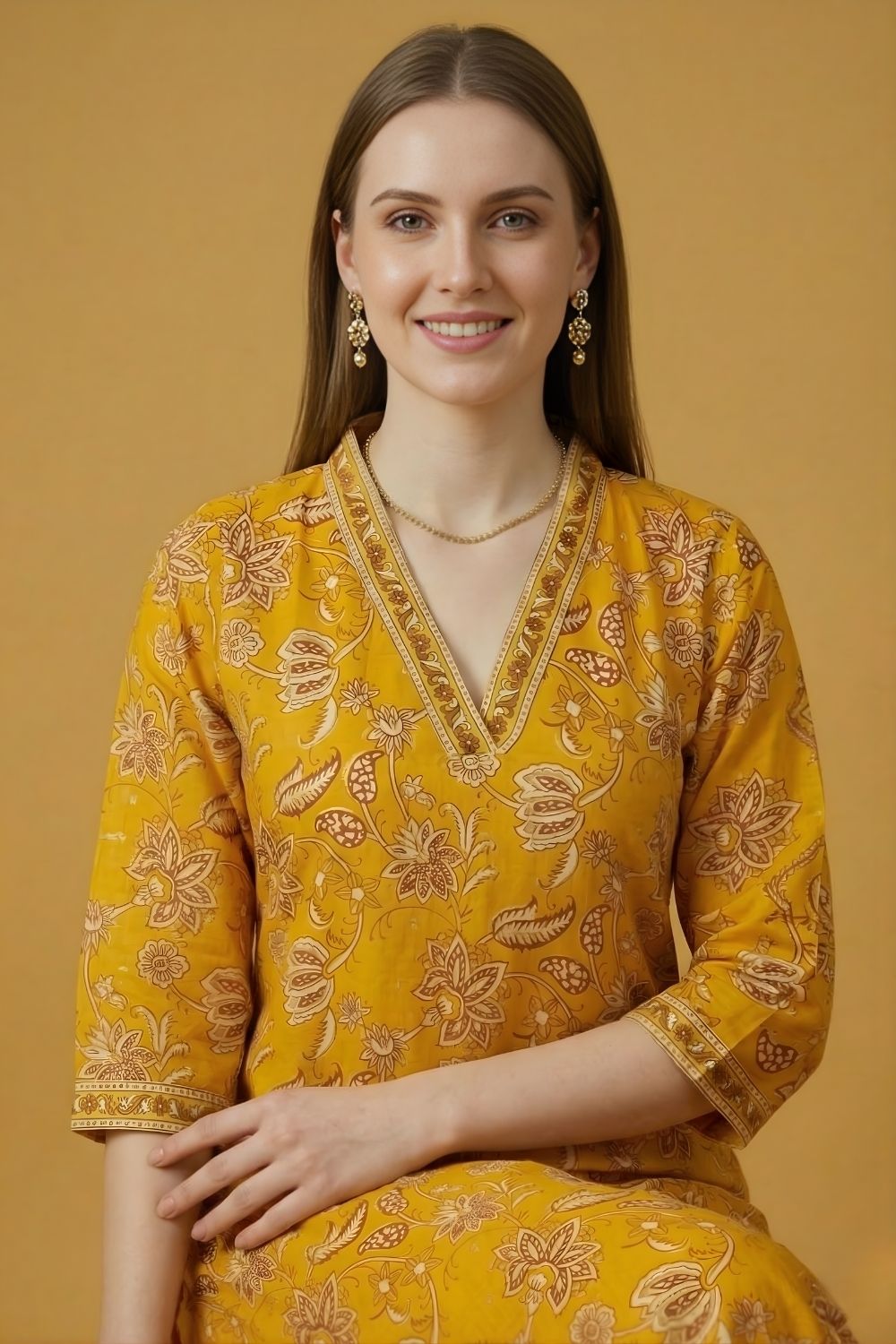 women wear wholesale manufacturer India floral yellow kurti dupatta