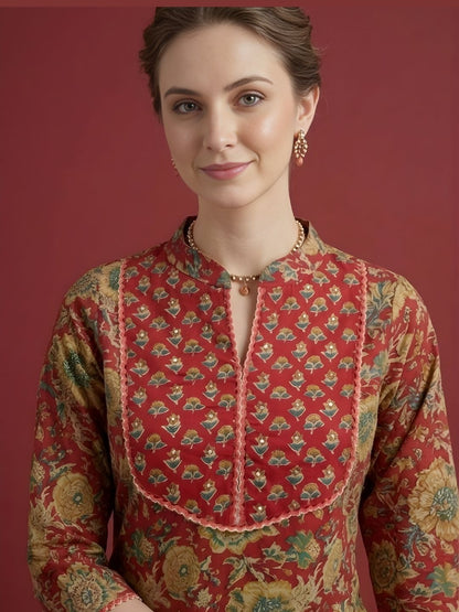 Red Printed Pure Cotton Kurti Dupatta Set Wholesale Manufacturer India