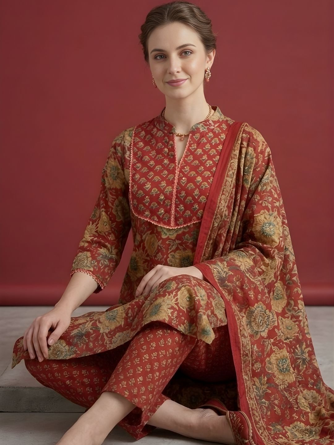 Red Printed Pure Cotton Kurti Dupatta Set Wholesale Manufacturer India