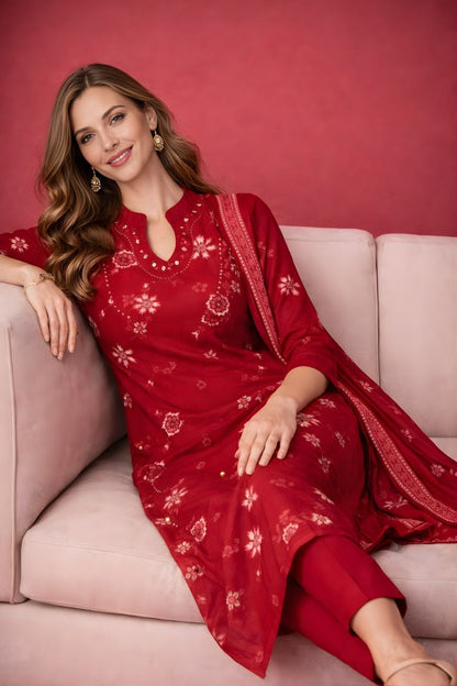 wholesale garment manufacturer Rajasthan red kurta pant dupatta set