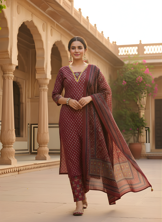 Neelufer Creation pure cotton maroon dupatta set