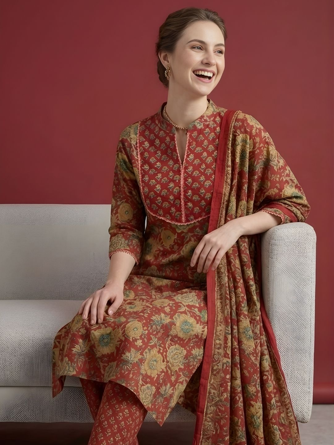 Red Printed Pure Cotton Kurti Dupatta Set Wholesale Manufacturer India