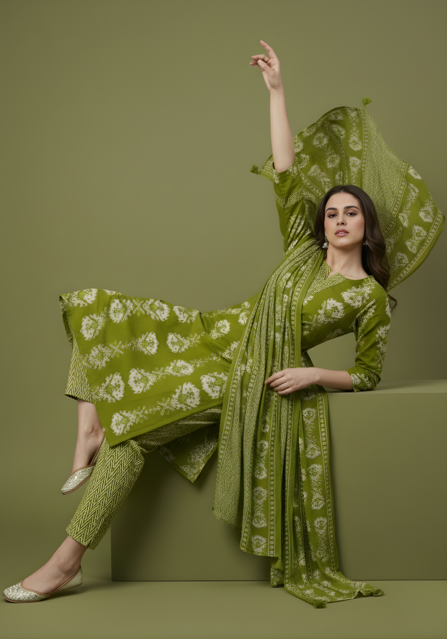 Olive green ethnic cotton suit set women