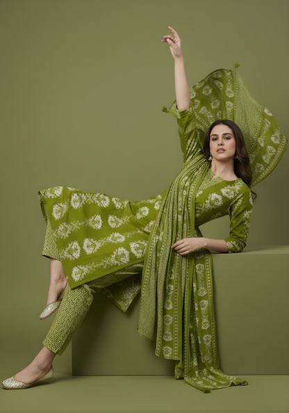 Olive green ethnic cotton suit set women