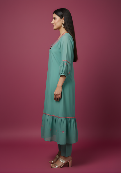 V neck mul chanderi kurta set women wholesale