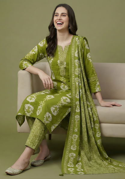 Neelufer Creation pure cotton olive green dupatta set