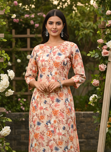 Peach Floral Pure Cotton Self-Embroidered Kurta Set – Women Wear Wholesale Manufacturer