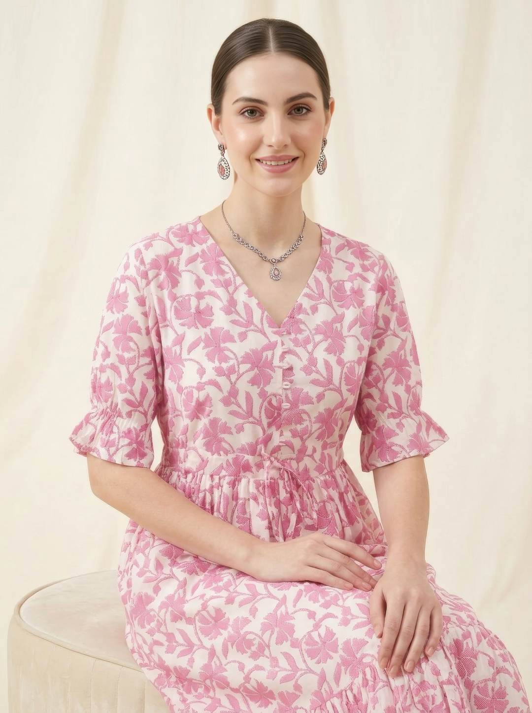 Pink Floral Cotton Middy Dress Wholesale Manufacturer India