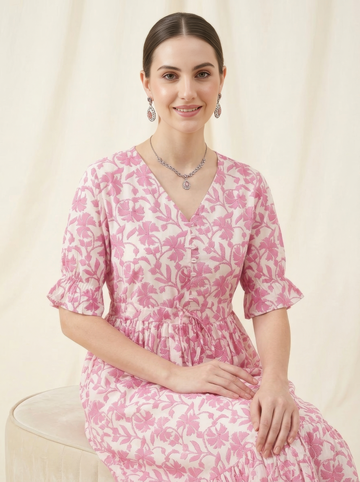 Pink Floral Cotton Middy Dress Wholesale Manufacturer India