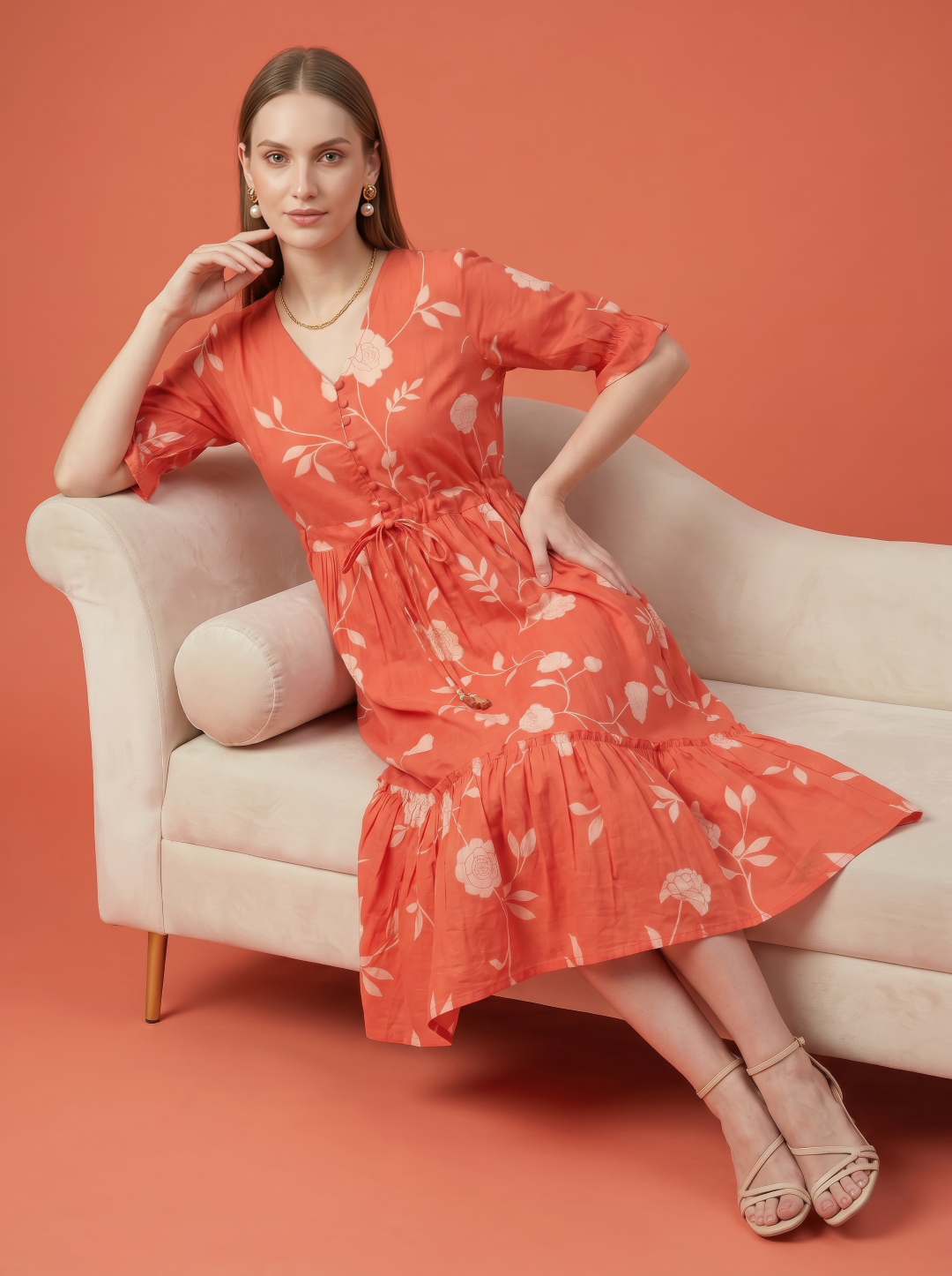 Orange Floral Cotton Middy Dress Wholesale Manufacturer India