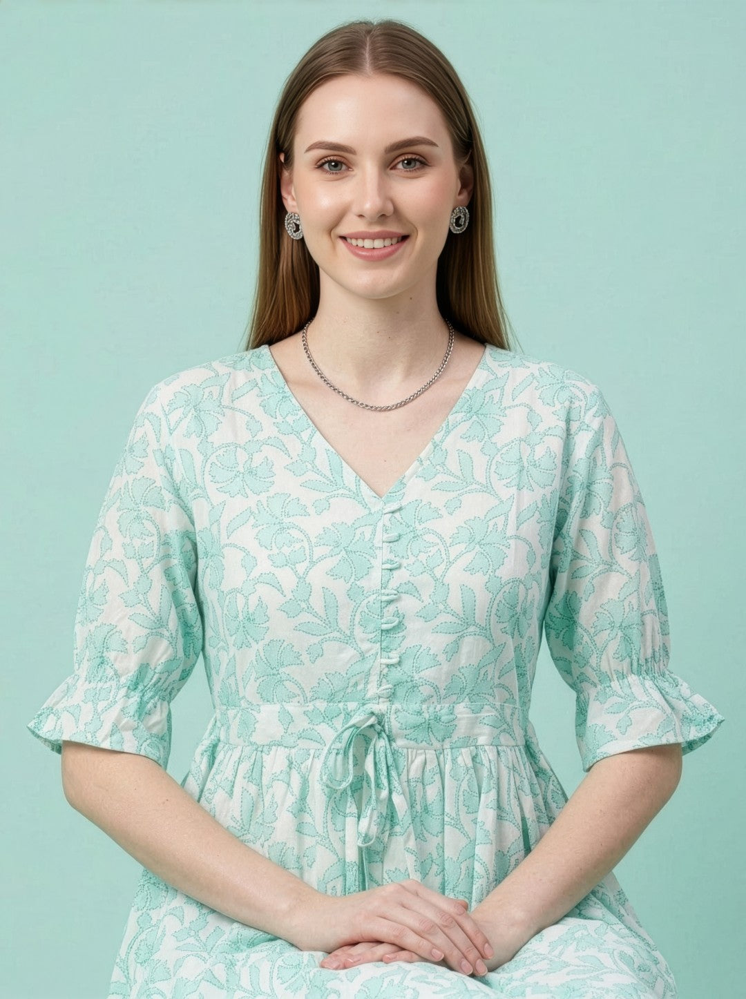 Mint Floral Cotton Middy Dress Wholesale Manufacturer India