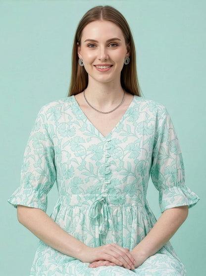 Mint Floral Cotton Middy Dress Wholesale Manufacturer India