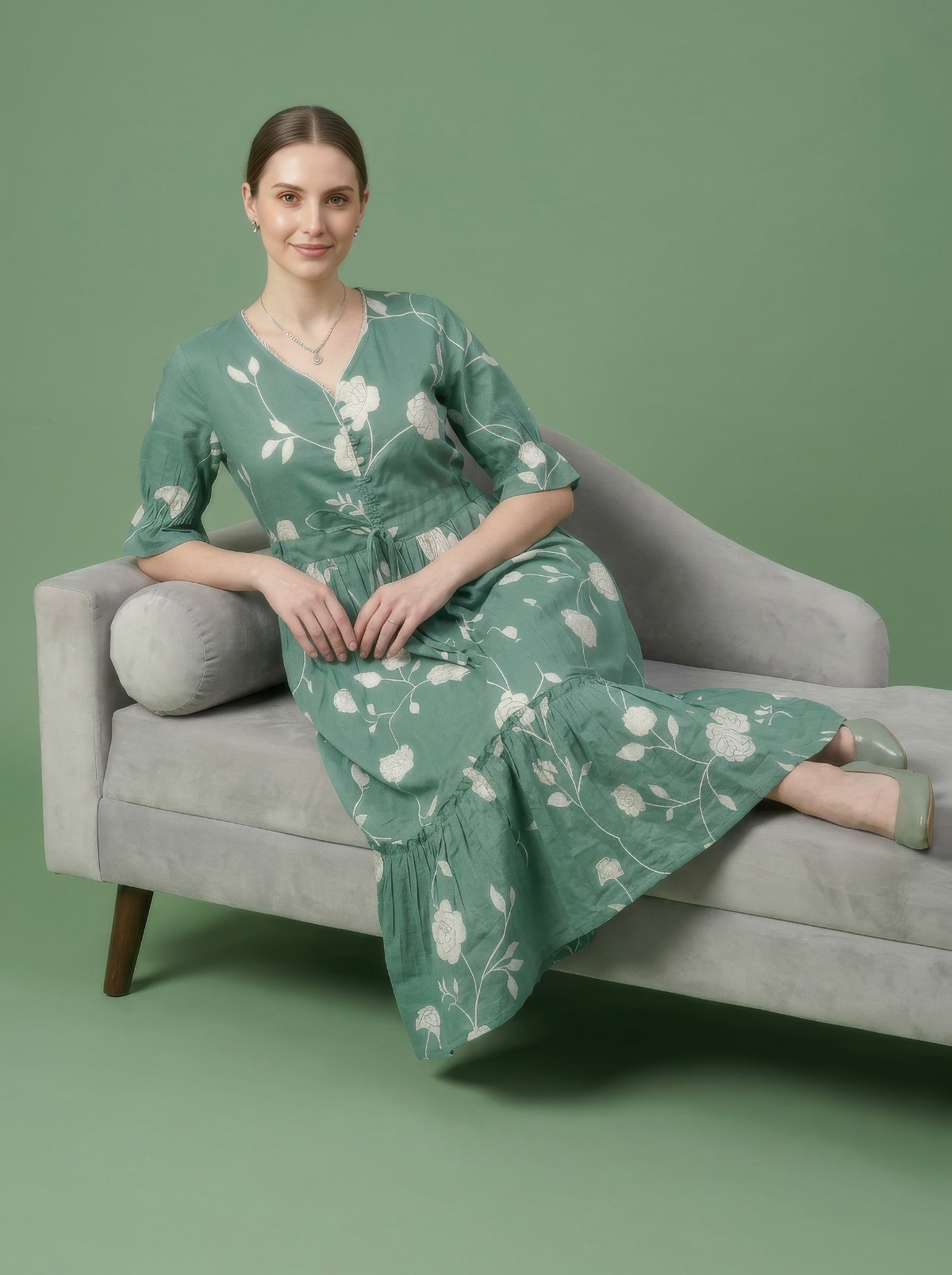 Green Floral Cotton Midi Dress Wholesale Manufacturer India
