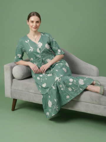 Green Floral Cotton Midi Dress Wholesale Manufacturer India