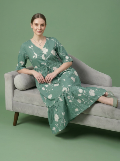Green Floral Cotton Midi Dress Wholesale Manufacturer India