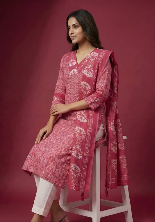 Wholesale women cotton kurta pant dupatta set pink