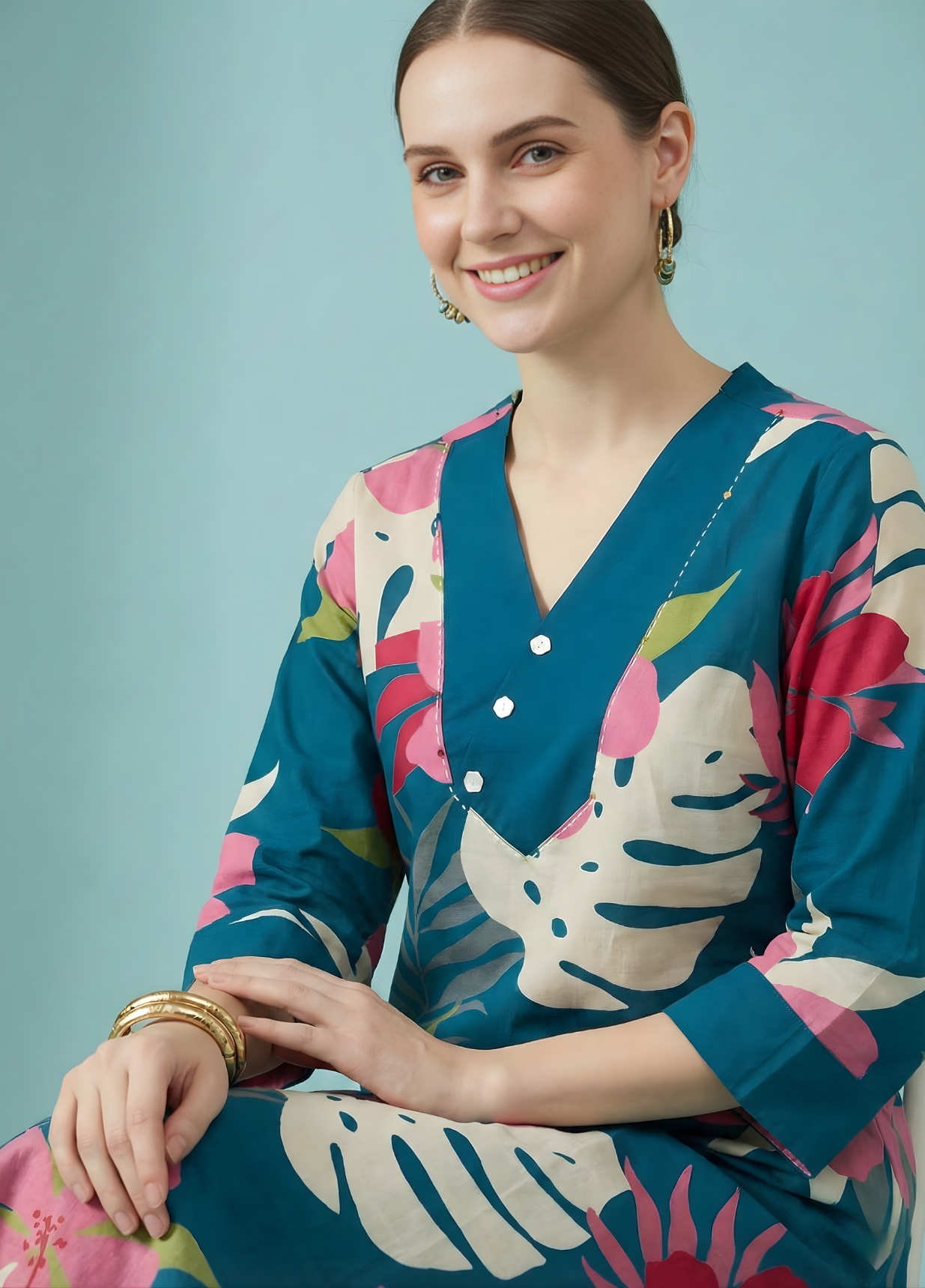 Women teal kurta set cotton rayon manufacturer