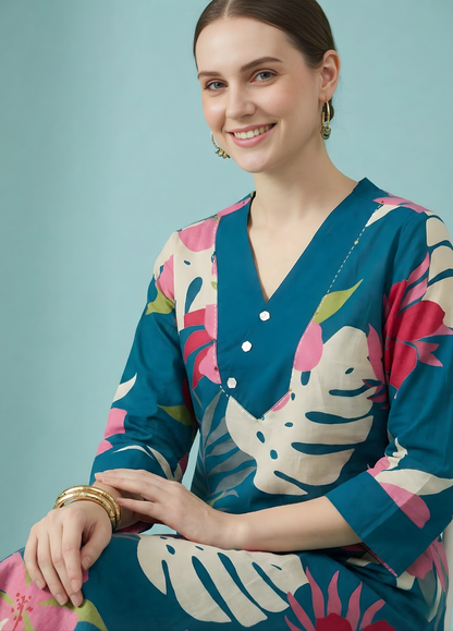 Women teal kurta set cotton rayon manufacturer