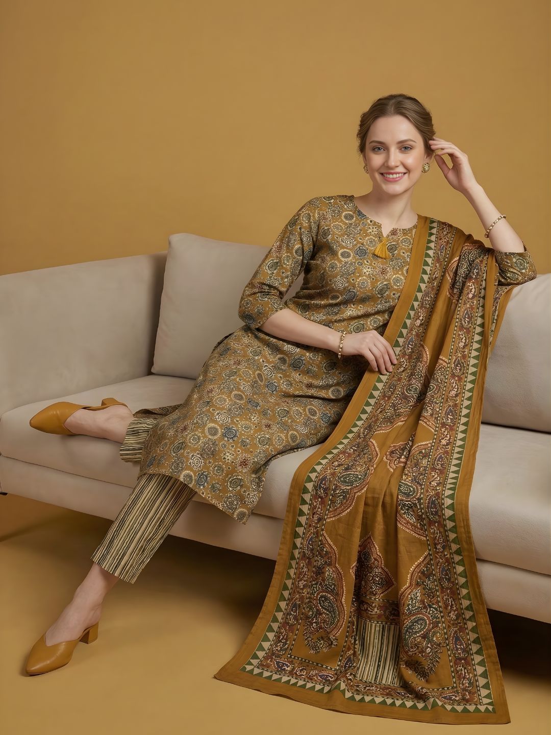 Mustard Printed Pure Cotton Kurti Dupatta Set Wholesale Manufacturer India