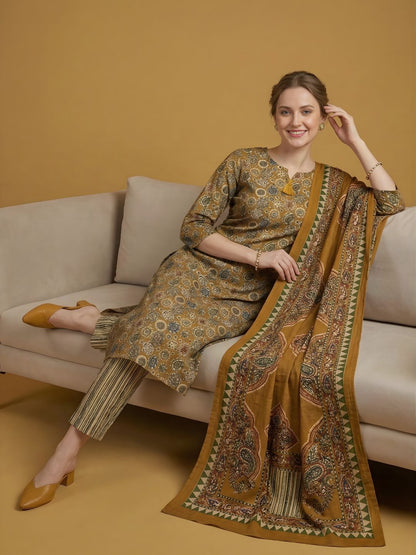 Mustard Printed Pure Cotton Kurti Dupatta Set Wholesale Manufacturer India