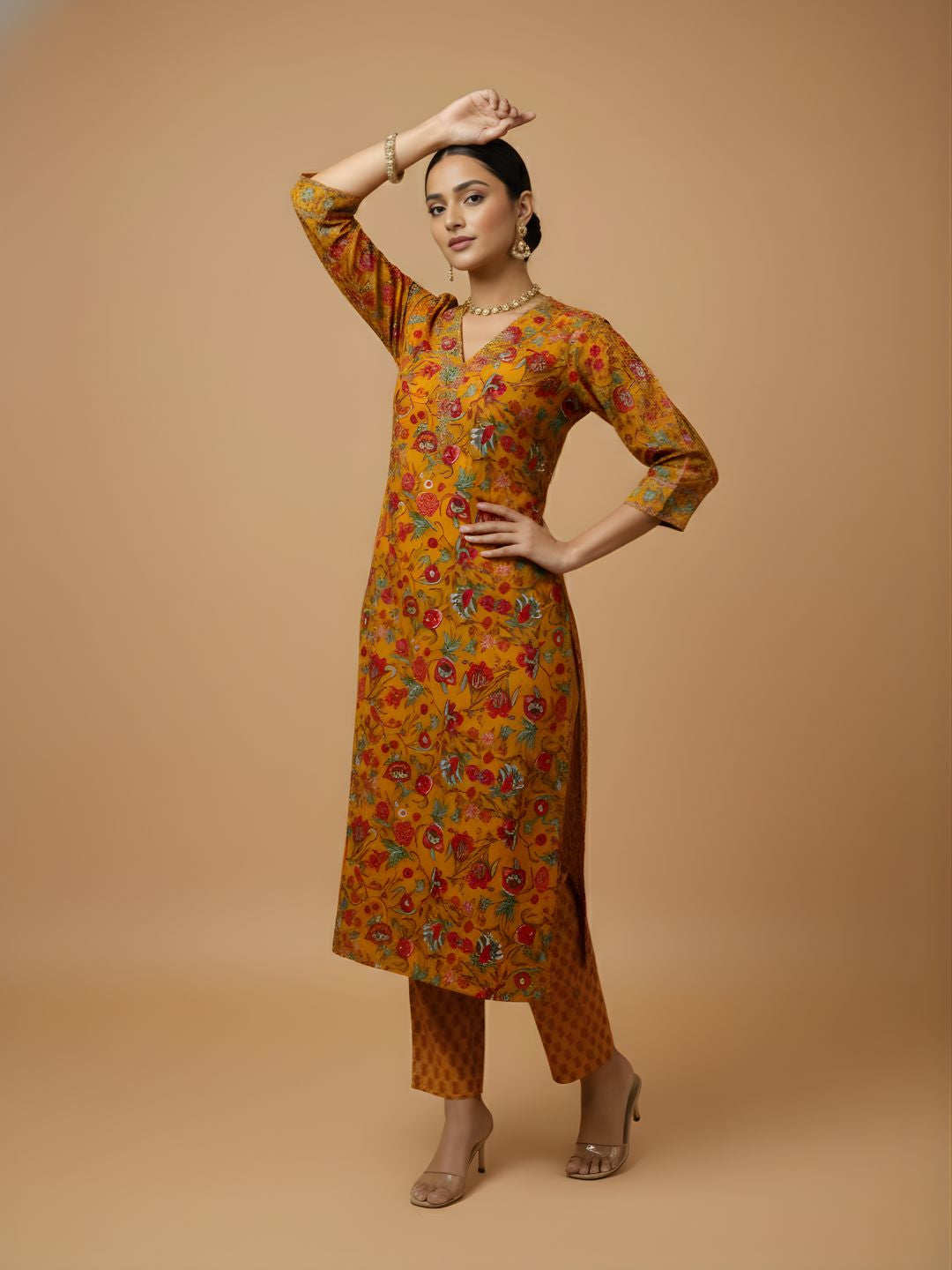 Mustard ethnic printed kurta pant set wholesale