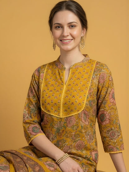 women wear wholesale manufacturer India mustard printed cotton kurti set