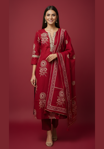Woman wearing a red embroidered traditional outfit on a matching red background