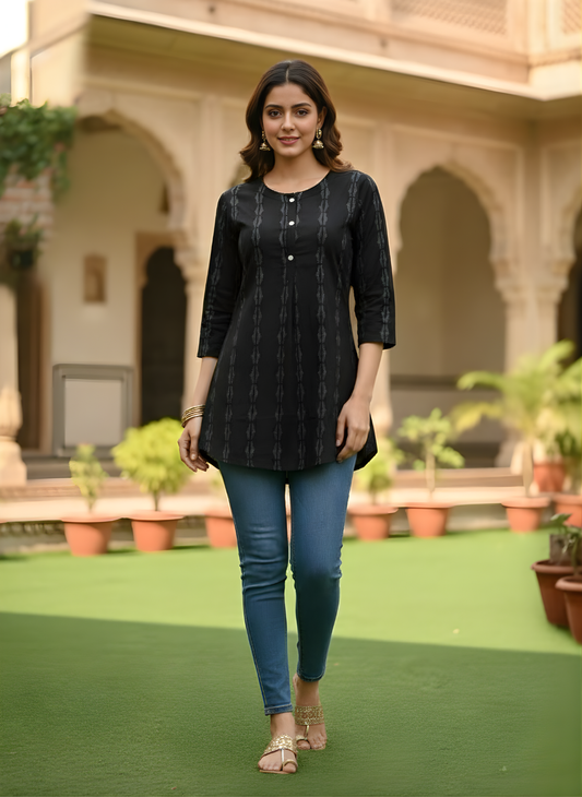 Pure cotton black ethnic printed top – Neelufer Creation