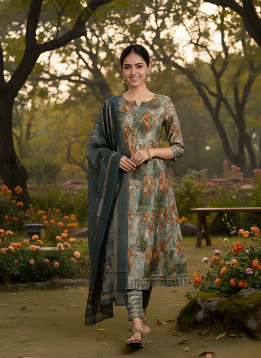 Woman in a floral dress and dupatta standing in a garden with trees and flowers.