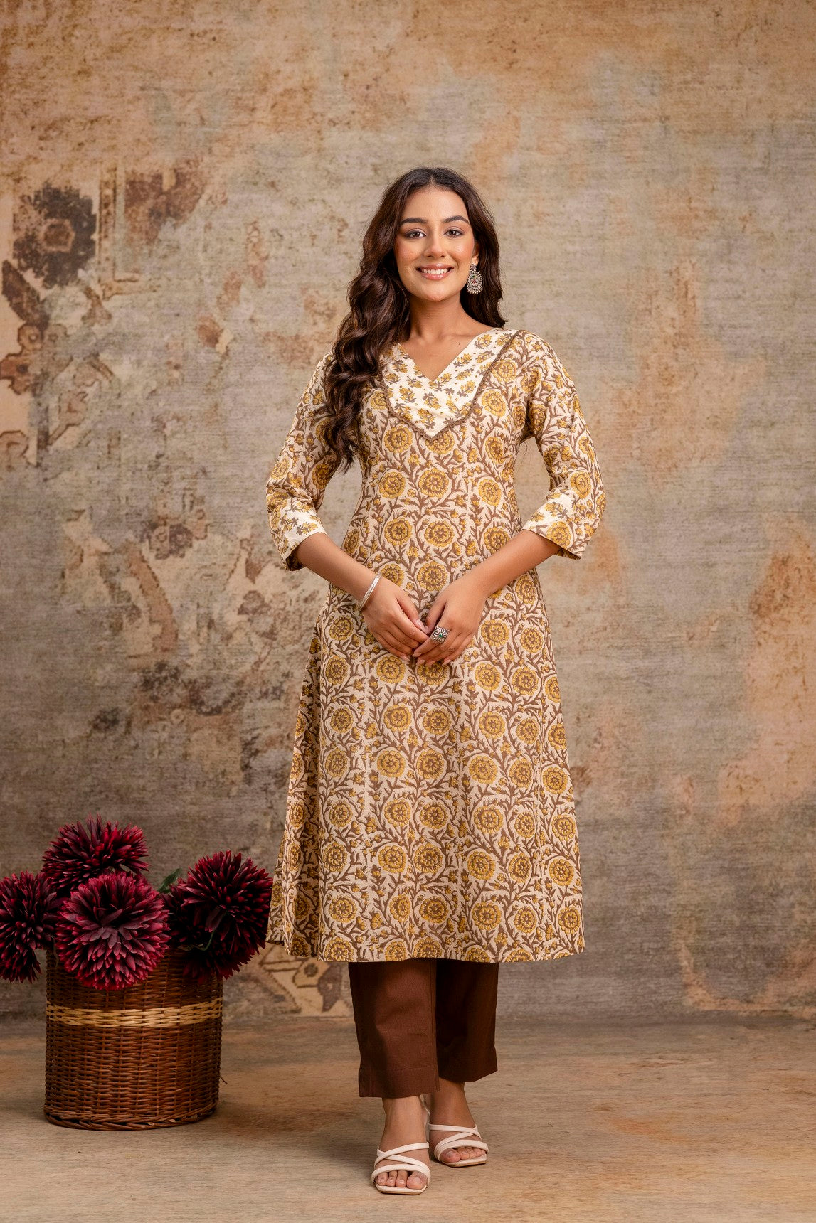 Aarohi Rust Brown Floral Cotton Kurta Set – Women Ethnic Wear Manufacturer