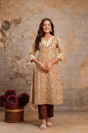 Aarohi Rust Brown Floral Cotton Kurta Set – Women Ethnic Wear Manufacturer