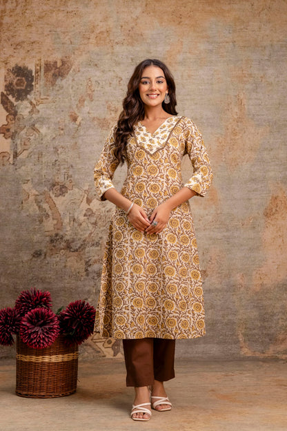 Aarohi Rust Brown Floral Cotton Kurta Set – Women Ethnic Wear Manufacturer