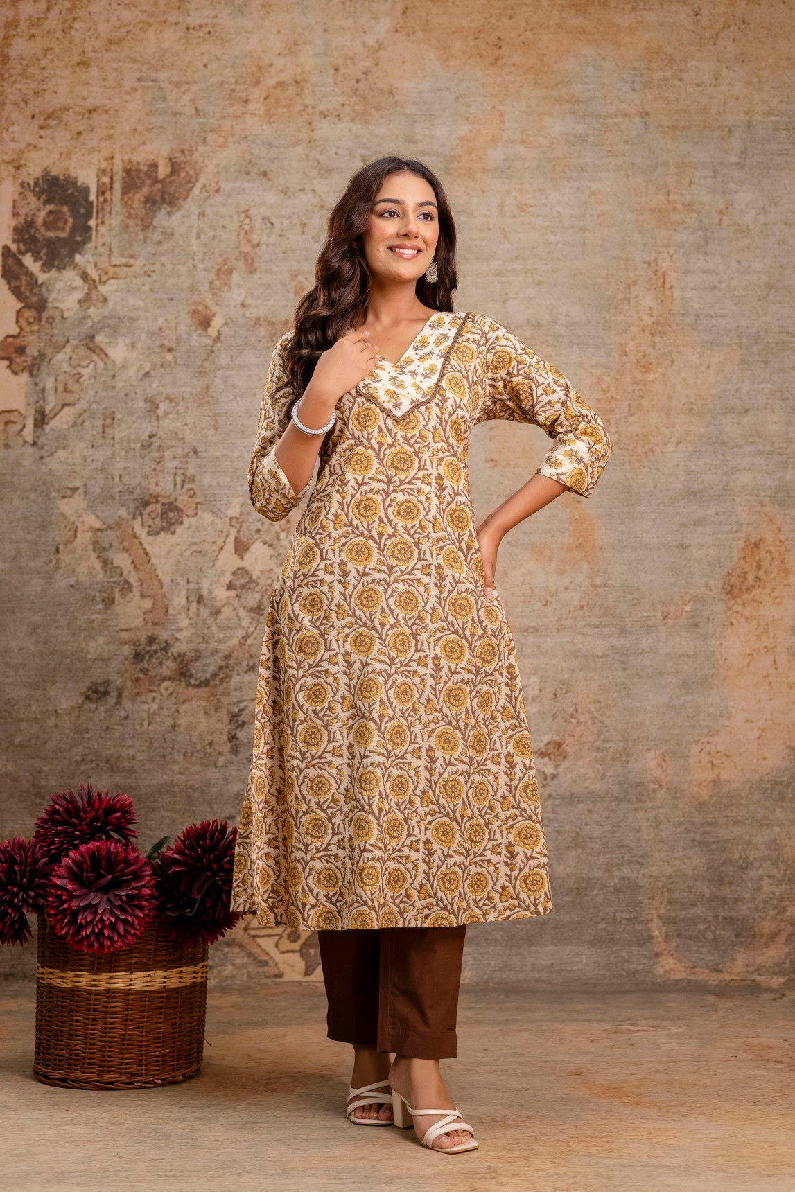 Aarohi Rust Brown Floral Cotton Kurta Set – Women Ethnic Wear Manufacturer