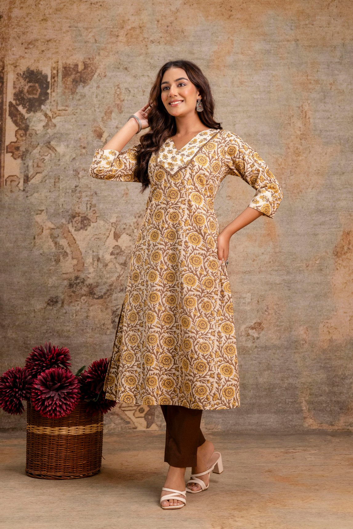 Aarohi Rust Brown Floral Cotton Kurta Set – Women Ethnic Wear Manufacturer