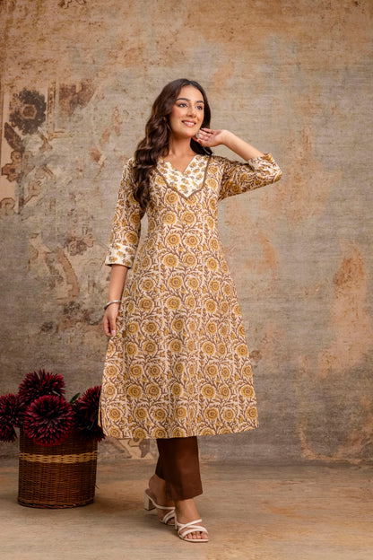 Aarohi Rust Brown Floral Cotton Kurta Set – Women Ethnic Wear Manufacturer