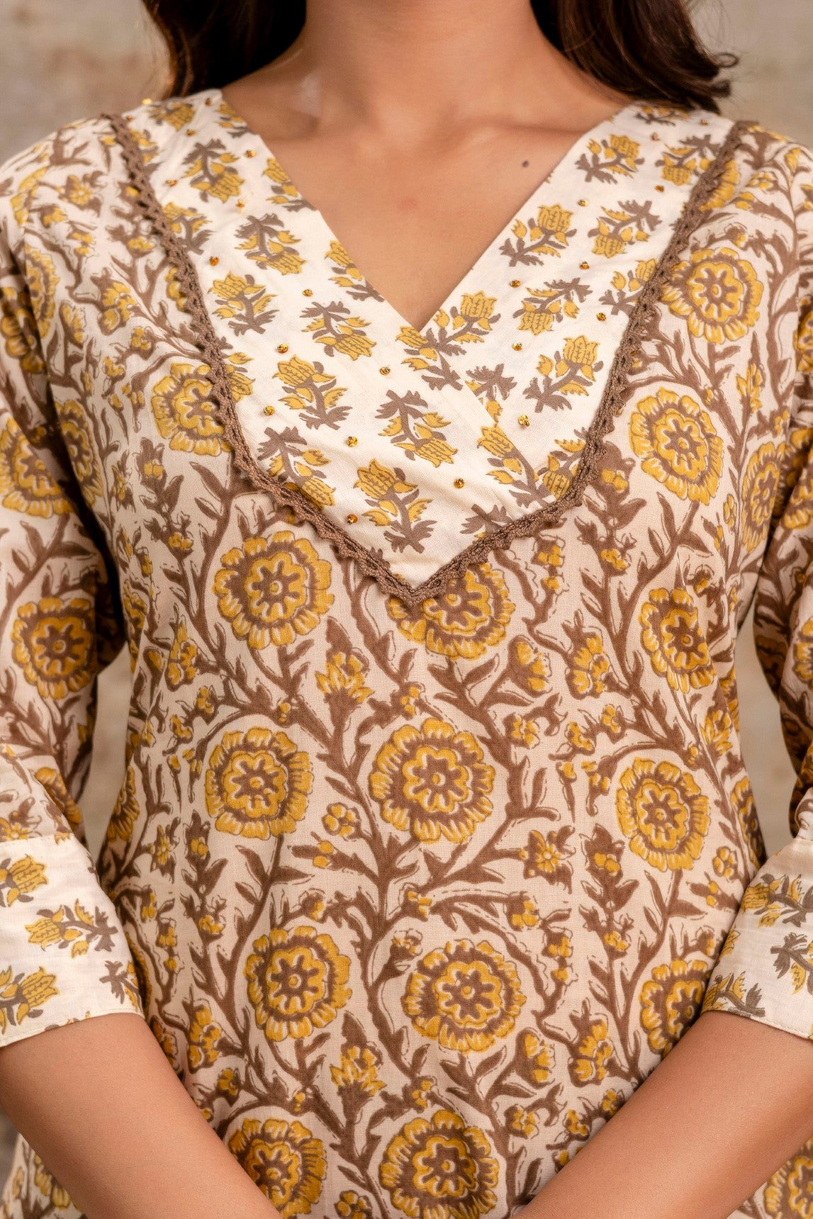 Aarohi Rust Brown Floral Cotton Kurta Set – Women Ethnic Wear Manufacturer