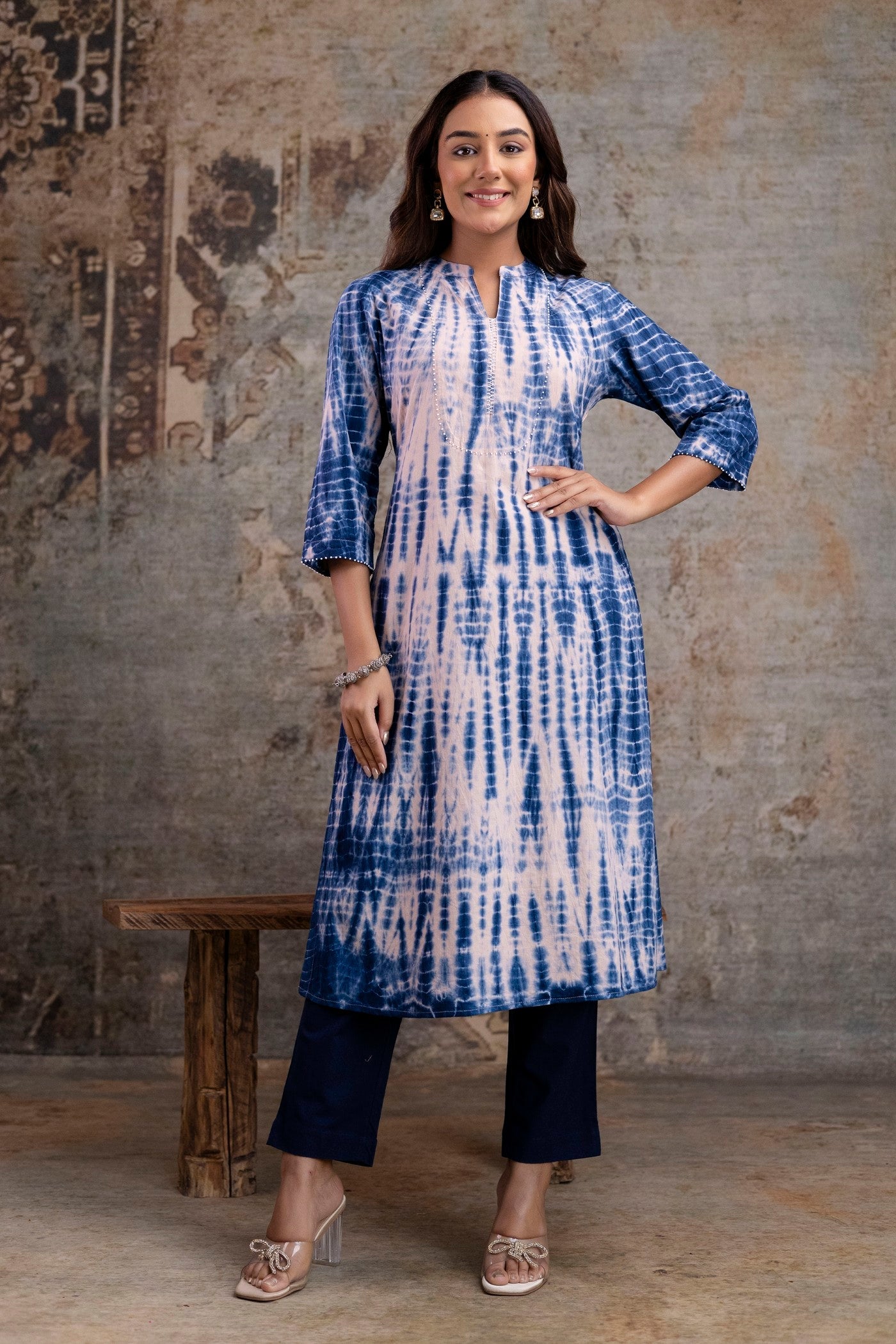 Neelufer Creation indigo tie-dye cotton kurti front view