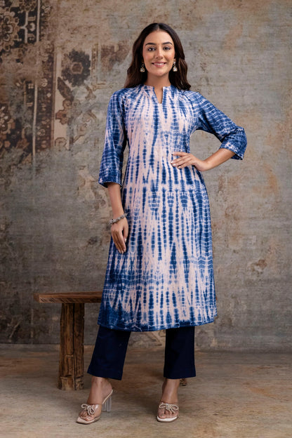 Neelufer Creation indigo tie-dye cotton kurti front view