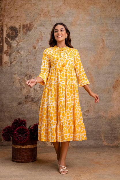 Sunshine Yellow Printed Pure Cotton Dress for Women | Manufacturer-Curated Wholesale Edit – Neelufer Creation