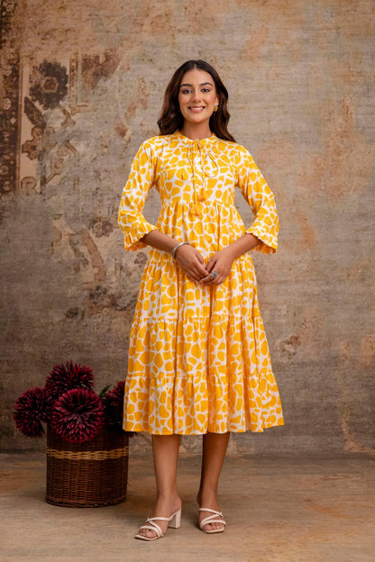 Sunshine Yellow Printed Pure Cotton Dress for Women | Manufacturer-Curated Wholesale Edit – Neelufer Creation