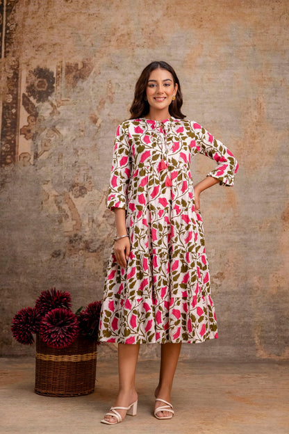 Floral Pure Cotton Midi Dress | Women Wear Wholesale Manufacturer & Supplier | Neelufer Creation