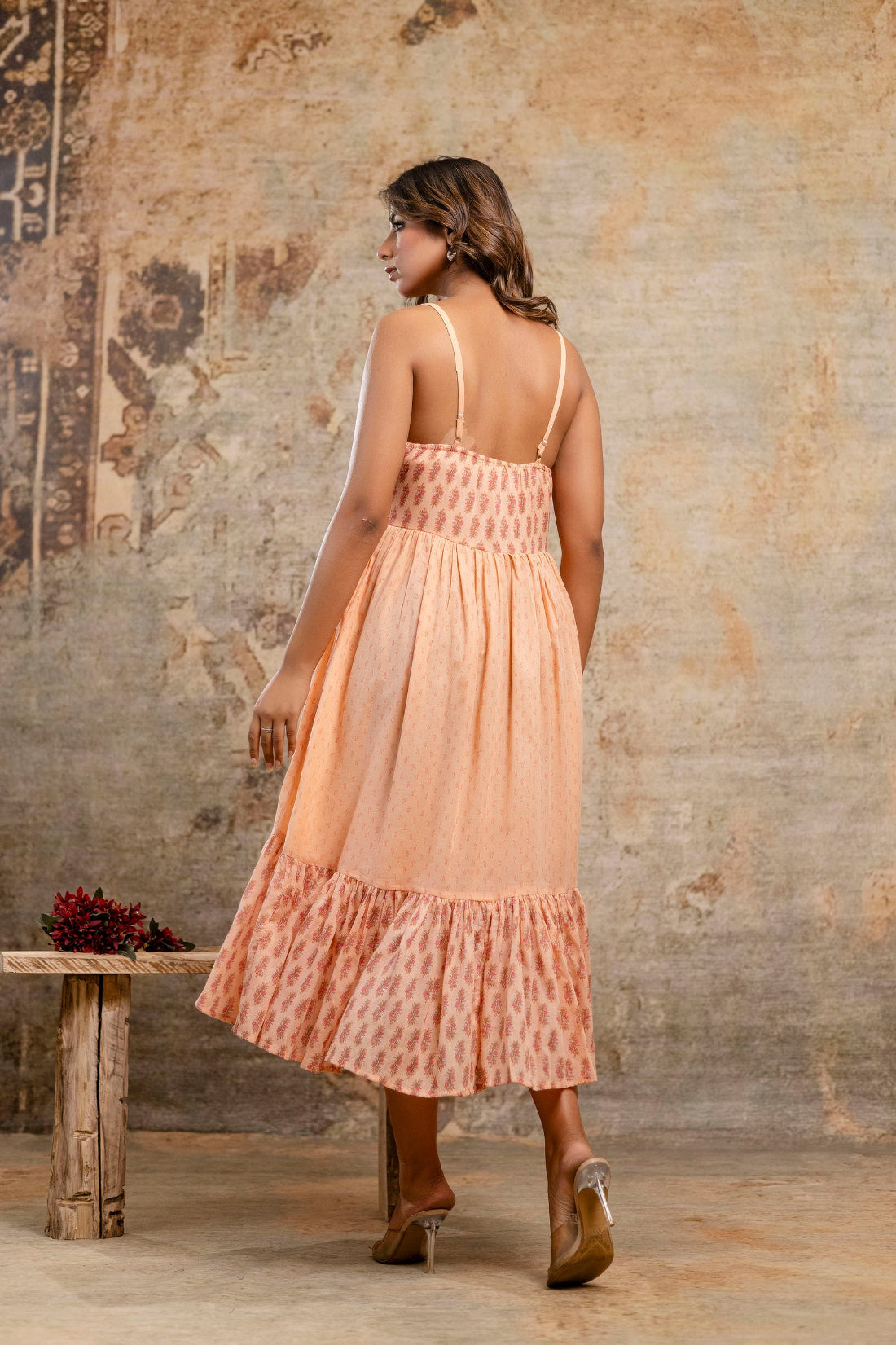 Peach Printed Pure Cotton Midi Dress | Women Wear Wholesale Manufacturer – Neelufer Creation