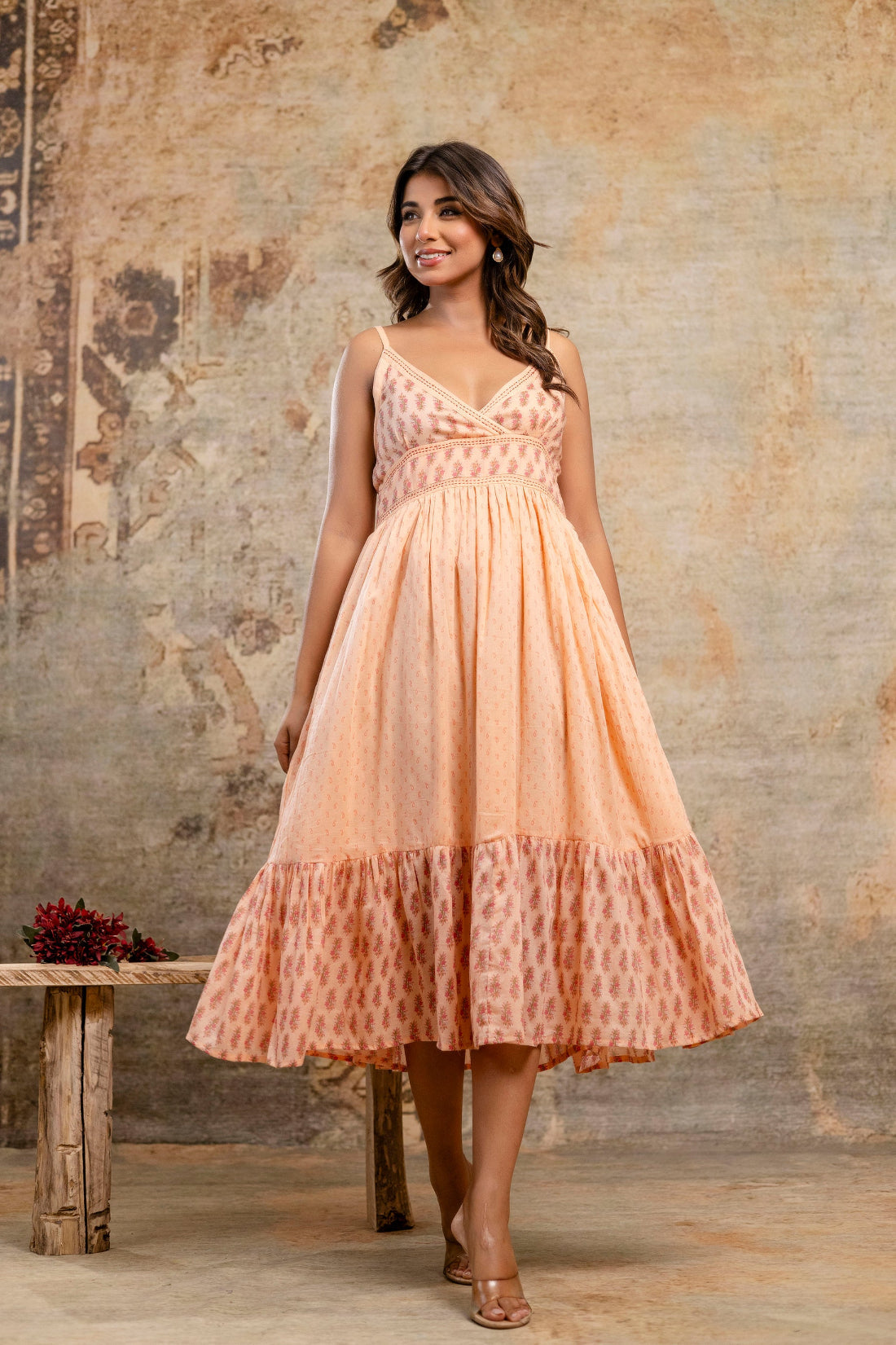 Peach Printed Pure Cotton Midi Dress | Women Wear Wholesale Manufacturer – Neelufer Creation