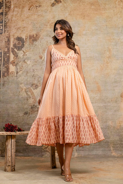 Peach Printed Pure Cotton Midi Dress | Women Wear Wholesale Manufacturer – Neelufer Creation