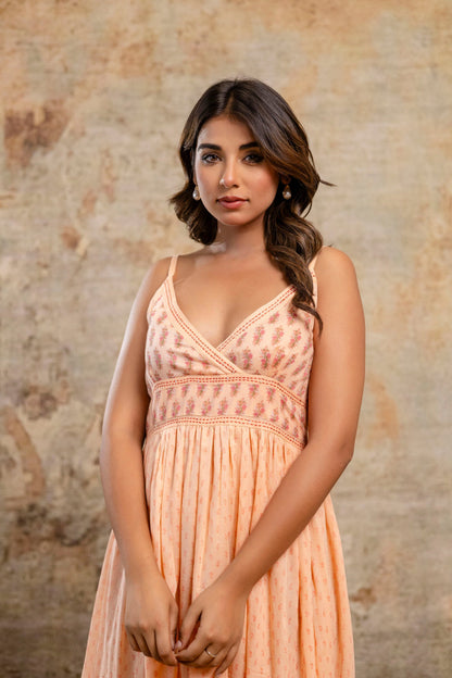 Peach Printed Pure Cotton Midi Dress | Women Wear Wholesale Manufacturer – Neelufer Creation