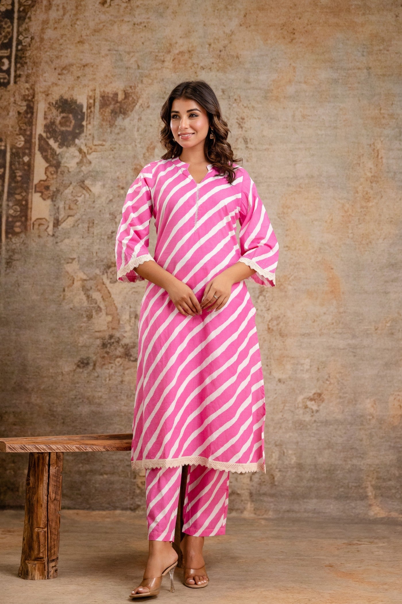 Pink striped cotton kurta set for women