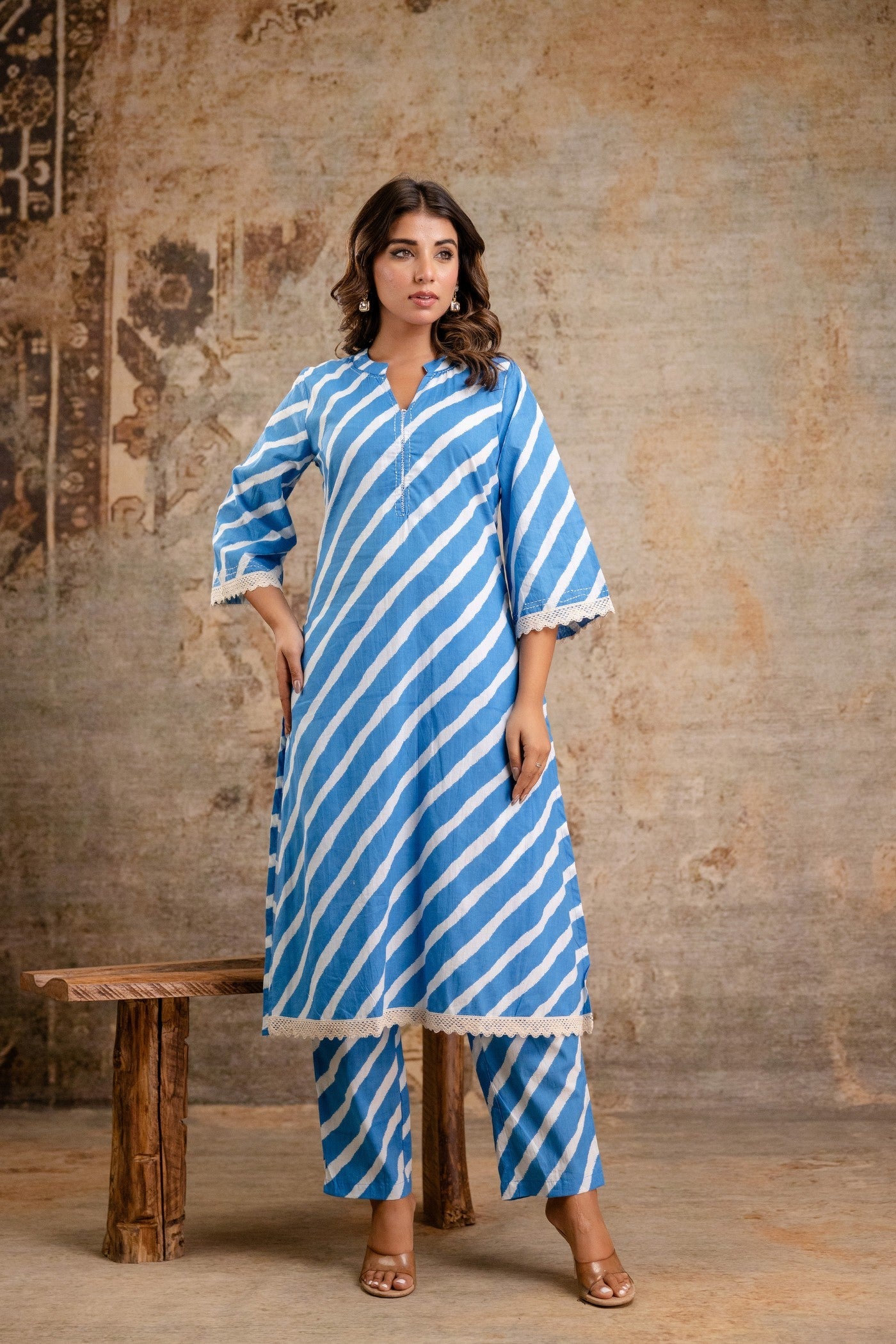 Sky blue striped cotton kurta set for women