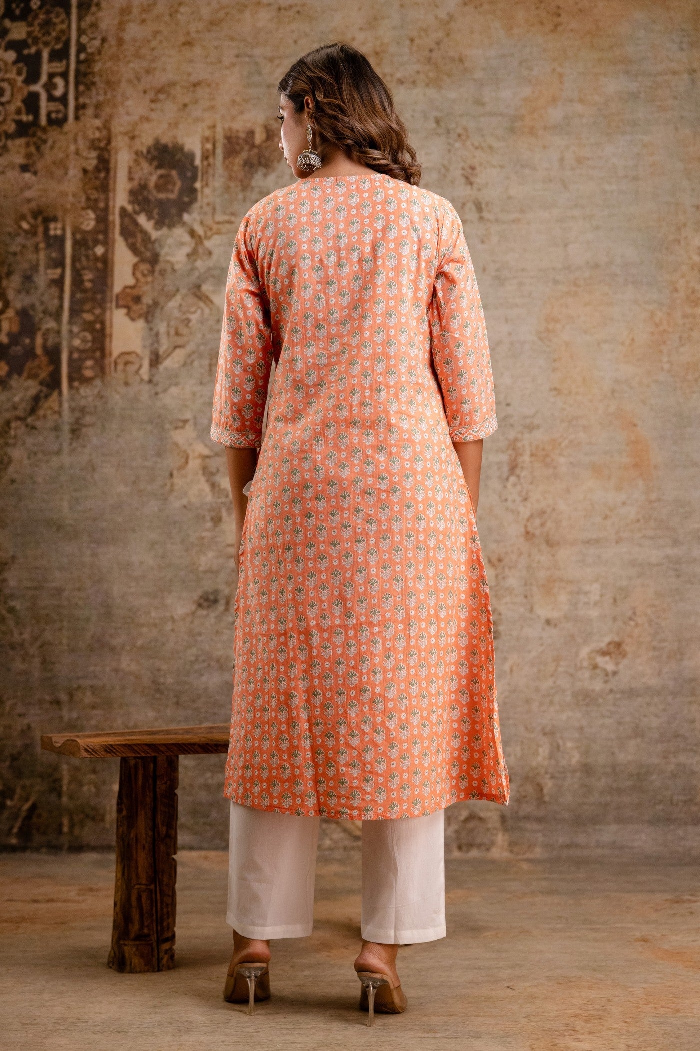 Peach ethnic cotton dupatta set women