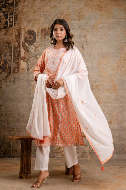 Wholesale women cotton kurta pant dupatta set peach